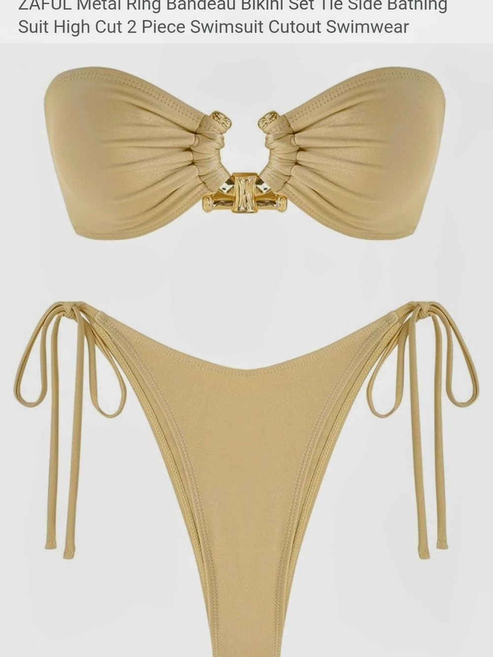 Zaful Gold Bandeau Bikini Set with Metal Ring & Tie Sides